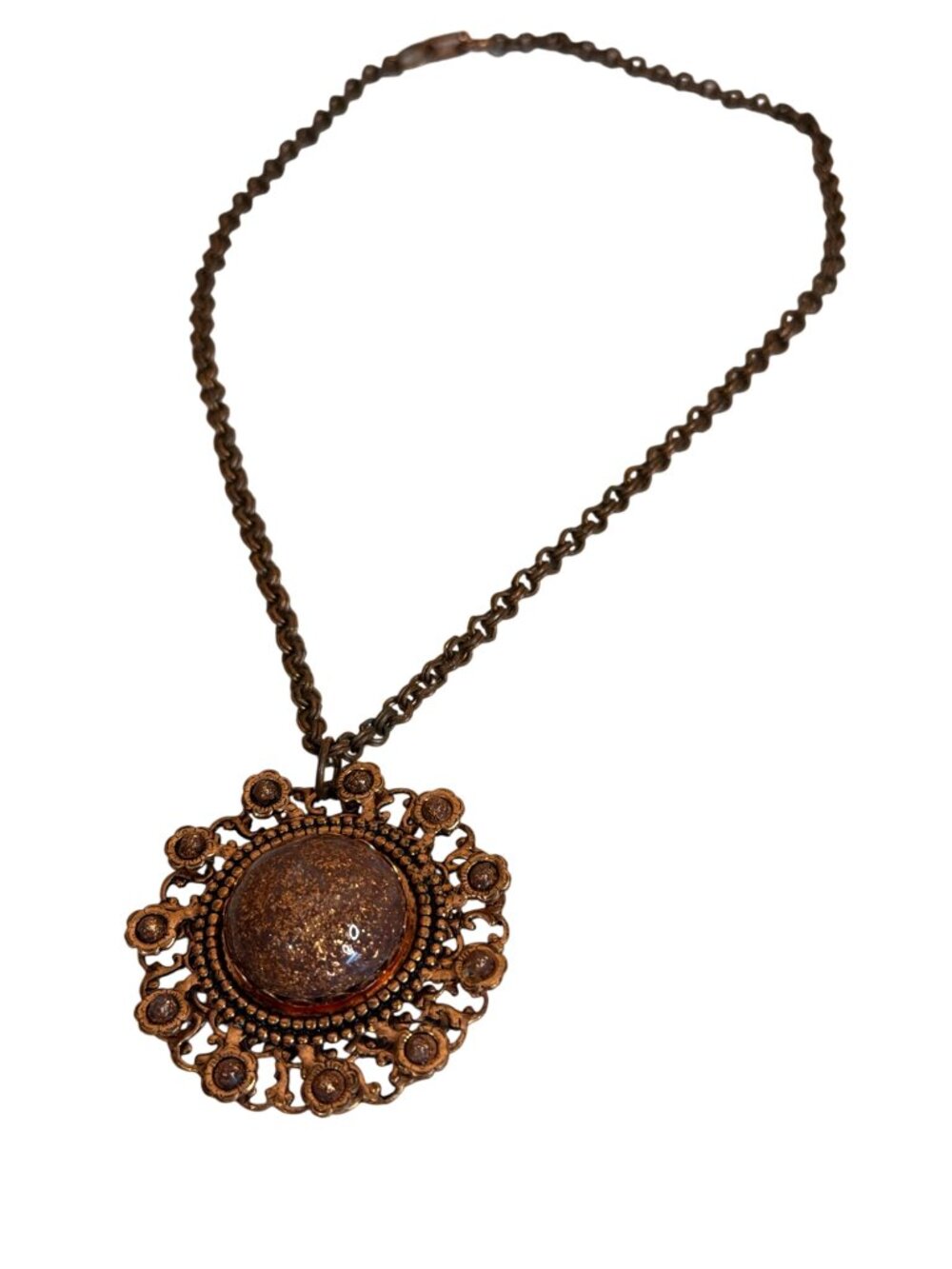 Vintage Bronze Statement Cabochon Necklace Intricate Floral Pendant Glitter